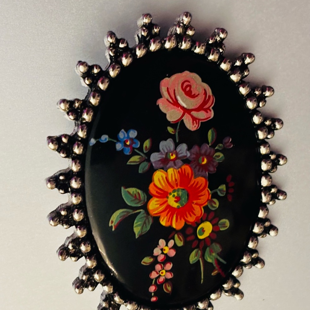 Sara Coventry Floral Painted Black Oval Brooch